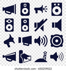 Loudspeaker icons set. set of 16 loudspeaker filled icons such as megaphone, volume, speaker, no sound, loudspeaker