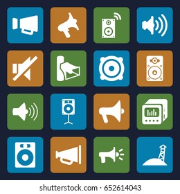 Loudspeaker icons set. set of 16 loudspeaker filled icons such as volume, megaphone, no sound, speaker, loud speaker with equalizer