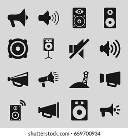 Loudspeaker icons set. set of 16 loudspeaker filled icons such as megaphone, volume, no sound, speaker