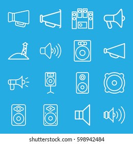 loudspeaker icons set. Set of 16 loudspeaker outline icons such as megaphone, volume, speaker, loud speaker set, loudspeaker