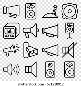 Loudspeaker icons set. set of 16 loudspeaker outline icons such as megaphone, volume, speaker, no sound, loudspeaker, loud speaker with equalizer