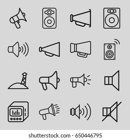 Loudspeaker icons set. set of 16 loudspeaker outline icons such as megaphone, volume, speaker, no sound, loud speaker with equalizer, music loudspeaker