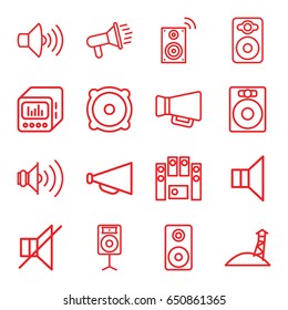Loudspeaker icons set. set of 16 loudspeaker outline icons such as megaphone, volume, speaker, no sound, loud speaker set, loud speaker with equalizer