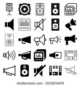 Loudspeaker icons. set of 25 editable filled and outline loudspeaker icons such as megaphone, no sound, loud speaker with equalizer, speaker, loudspeaker, volume
