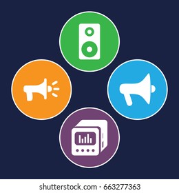 Loudspeaker icons set. set of 4 loudspeaker filled icons such as loud speaker with equalizer, loudspeaker