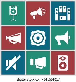 Loudspeaker icons set. set of 9 loudspeaker filled icons such as megaphone, speaker, no sound, loud speaker set