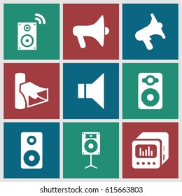 Loudspeaker icons set. set of 9 loudspeaker filled icons such as volume, speaker, megaphone