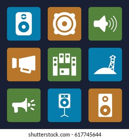 Loudspeaker icons set. set of 9 loudspeaker filled icons such as volume, megaphone, speaker, loud speaker set, loudspeaker