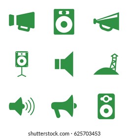 Loudspeaker icons set. set of 9 loudspeaker filled icons such as megaphone, volume, speaker, loudspeaker