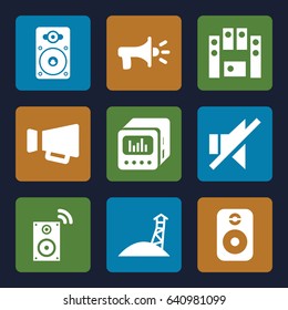 Loudspeaker icons set. set of 9 loudspeaker filled icons such as megaphone, no sound, loud speaker set, loud speaker with equalizer, speaker