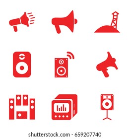 Loudspeaker icons set. set of 9 loudspeaker filled icons such as volume, loud speaker set, loud speaker with equalizer, speaker, observation military tower