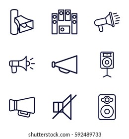 loudspeaker icons set. Set of 9 loudspeaker outline icons such as megaphone, volume, speaker, no sound, loud speaker set