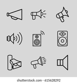 Loudspeaker icons set. set of 9 loudspeaker outline icons such as megaphone