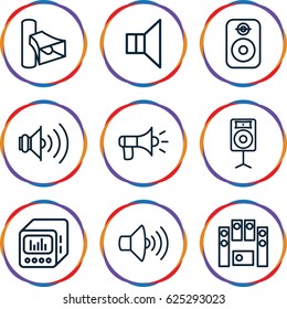 Loudspeaker icons set. set of 9 loudspeaker outline icons such as volume, megaphone, loud speaker set, loud speaker with equalizer, loudspeaker