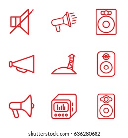 Loudspeaker icons set. set of 9 loudspeaker outline icons such as megaphone, speaker, no sound, loud speaker with equalizer