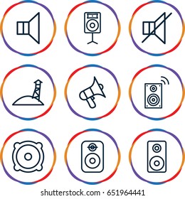 Loudspeaker icons set. set of 9 loudspeaker outline icons such as volume, megaphone, no sound, speaker