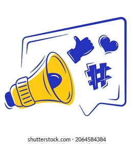 Loudspeaker illustration in flat style. Megaphone with popular social media icons. Likes icon, Hashtag for social network, internet application.Vector.