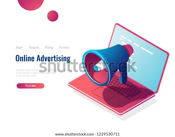 Loudspeaker isometric\
icon, online internet advertising and promotion, smm Social Media\
Marketing, vector