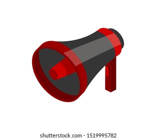 Loudspeaker isometric vector illustration. Black and red bullhorn isolated on white background. Megaphone, sound amplifier tool. Traditional activists, volunteers, protesters accessory sticker