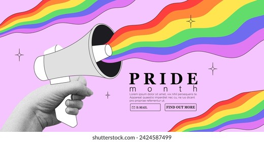 Loudspeaker with lgbt rainbow. People hold megaphone announcing pride month holiday or week celebration against violence, descrimination, human rights violation. Equality and self-affirmarmation.