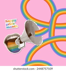 Loudspeaker with lgbt rainbow in the shape of a wavy ribbon . Mouth yelling in megaphone announcing pride month holiday or week celebration against discriminations. Vector banner