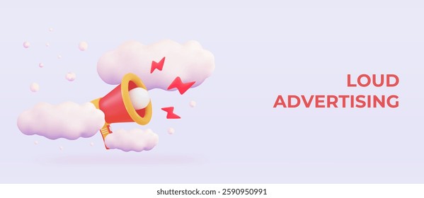 Loudspeaker with lightning and clouds Marketing time or advertising concept Speaker Social media Promotion