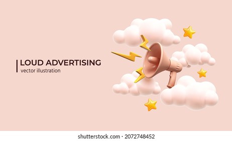 Loudspeaker with lightning with clouds and stars around. Marketing or advertising concept, 3d megaphone loudspeaker with yellow lightnings. Realistic vector illustration