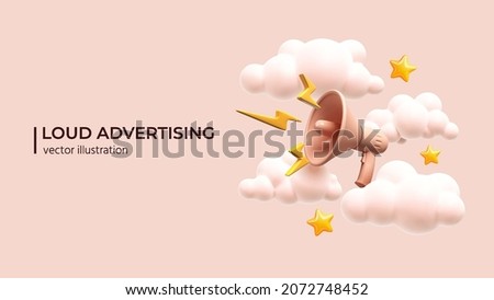 Loudspeaker with lightning with clouds and stars around. Marketing or advertising concept, 3d megaphone loudspeaker with yellow lightnings. Realistic vector illustration