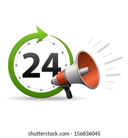 Loudspeaker or megaphone and around the clock, 24 hours a day icon or symbol isolated on white background. Vector illustration