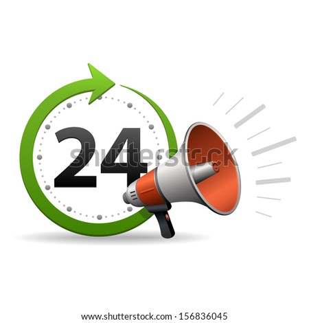Loudspeaker or megaphone and around the clock, 24 hours a day icon or symbol isolated on white background. Vector illustration