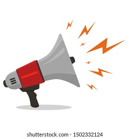 Loudspeaker or Megaphone flat style noisy with lightning icon isolated on white background. Symbol of news, social media, promotion, broadcasting, marketing and etc. Vector illustration