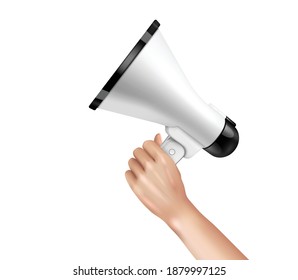 Loudspeaker and megaphone in hand concept with attention symbols realistic vector illustration