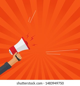 Loudspeaker or megaphone in hand shouting vector illustration, flat cartoon hand holding bullhorn with loud sound announcement and text for copy space square banner  