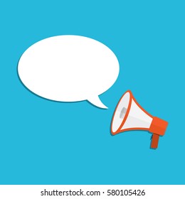 Icono de altavoz o megáfono. Megáfono rojo con burbuja de habla en blanco, en fondo azul. Ilustración vectorial.