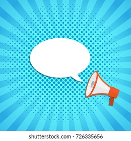 Loudspeaker or megaphone icon. Red megaphone with blank speech bubble, on blue background. Vector illustration.
