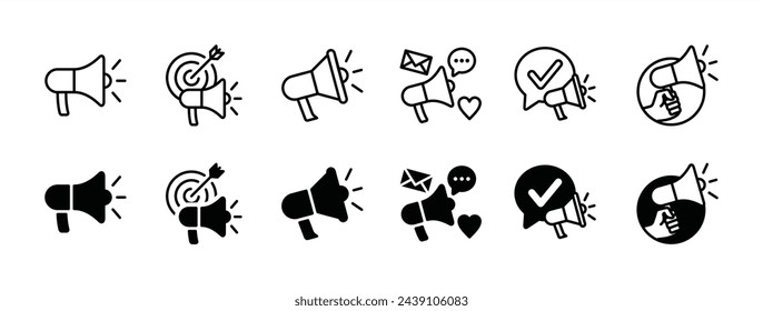 Loudspeaker megaphone icon set. Containing campaign, advertising, social media, promotion, communication, marketing, advertisement, announce. Vector illustration