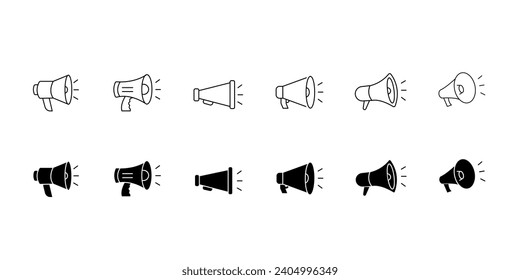 Loudspeaker megaphone icon set. Megaphone icon set. Electric megaphone with sound or marketing advertising. Megaphone icon, loud speaker icon