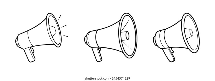 Loudspeaker megaphone icon set. Megaphone icon set. Electric megaphone with sound or marketing advertising. Megaphone icon, loud speaker icon