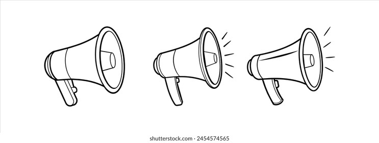 Loudspeaker megaphone icon set. Megaphone icon set. Electric megaphone with sound or marketing advertising. Megaphone icon, loud speaker icon