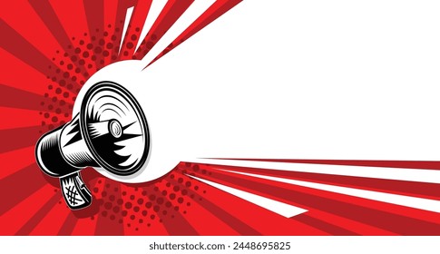 Loudspeaker, megaphone with lightings on red background. Vector template for copy you text in pop art style