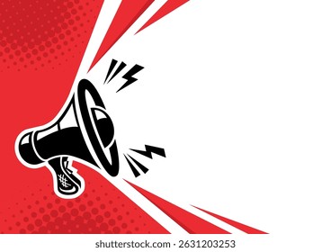 Alto-falante, megafone com luzes sobre fundo vermelho. Modelo de vetor para copiar o texto no estilo pop art