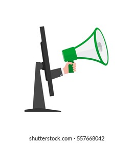 Loudspeaker or megaphone in the male hand coming out from screen of monitor. Green megaphone and monitor, isolated on white background. Vector illustration.