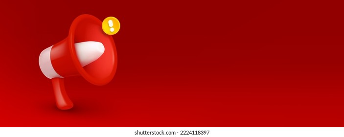 Loudspeaker, megaphone on red background. Announce, attention or alert banner with red and white loud speaker with exclamation point and copy space, vector 3d illustration