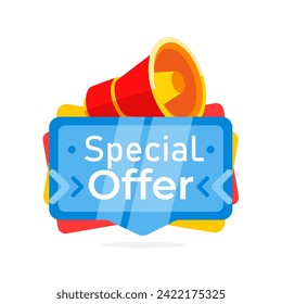 loudspeaker, megaphone with special offer banner, ideal for promotions and sales. Vector illustration