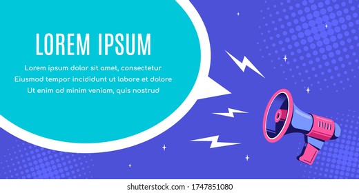 Loudspeaker or megaphone with speech bubble with copy space, on blue background. Vector illustration.
