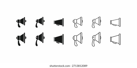 Conjunto de iconos de Vector de altavoz o megáfono. Símbolos de anuncio, marketing y comunicación en estilo de contorno sólido para el diseño de UI UX