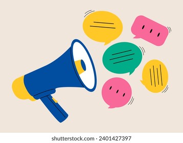 Loudspeaker, and messages. Advertisement, announcement, message, alert. Social media concept. Colorful vector illustration
