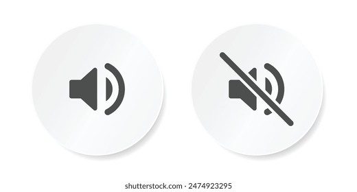 Loudspeaker and mute icon set for user interface design elements. Speaker on and speaker off symbol. Sound on and off icon. Ring and silent mode icon vector. 