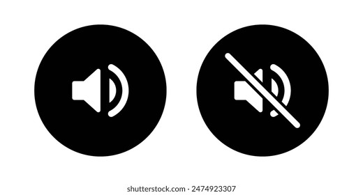 Loudspeaker and mute icon set for user interface design elements in black and white color. Speaker on and speaker off symbol. Sound on and off icon. Ring and silent mode icon vector. 