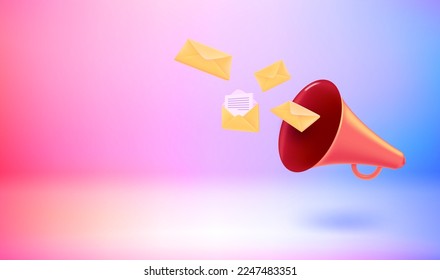 Loudspeaker with new messages. Vector 3d banner with doodling
